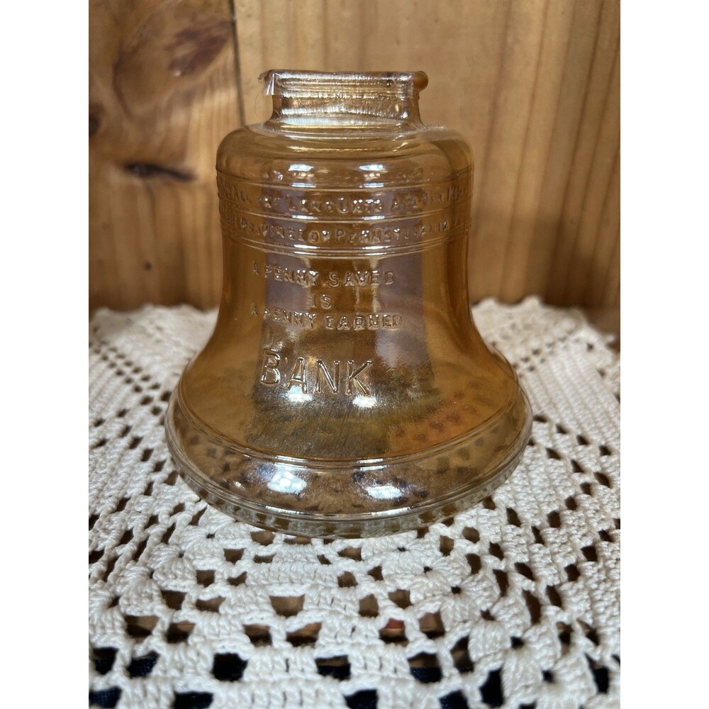 VTG Amber Glass 1970s Liberty Bell Bicentennial Coin Bank Carnival Glass Bank